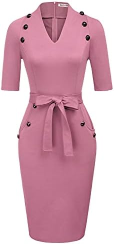 GRACE KARIN Women Vintage Short Sleeve Slim Fit Belted Business Pencil Dress Dark Pink Large