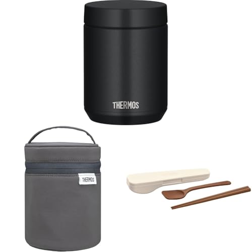【セット品】【食洗機対応モデル】 サーモス 真空断熱スープジャー 500ml ブラック 全パーツ食洗機OK 保温保冷 お手入れ簡単 口当たりがやさしい丸口設計 スタンダードモデル JED-500 BKサーモス スープジャーポーチ ダークグレー RET-00