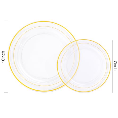 Image of I00000 200 Pcs Clear Gold Plastic Plates - Disposable Party Plates, Gold Plate Disposable Include 100 Dinner Plate and 100 Dessert Plate, Plastic Plate for Party, Holiday, Wedding & Birthday