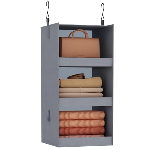 FLYBOX Closet Organizer and Storage, Collapsible hanging closet organizer, 3-Shelf sturdy baby closet organizer & ideal for RV|camper bed side closets Gray, 29 ¾”” H X 12″” W X 12″” D, 1-Pack, Grey