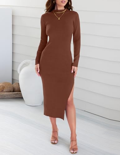 ZESICA Women's 2025 Ribbed Knit Dress Long Sleeve Mock Neck Slim Fit Side Slit Fall Elegant Sweater Dresses2