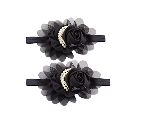 2Pcs Black Baby Girl Infant pearl baby headband Pearl Flowers Hairband Headbands Toddler Kids Hair Band Accessories.(FD48-Black)