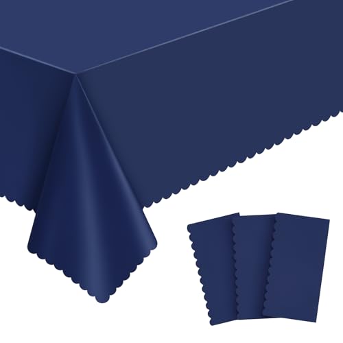 Image of NatNarr 3 Pcs Navy Blue Plastic Tablecloths, Scalloped Blue Table Cloth
