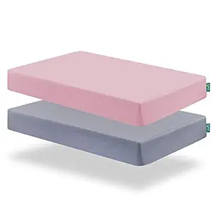 Biloban Crib Sheets Girl Fitted, 2 Pack Crib Sheet Fits for Standard Crib Mattress, Neutral Toddler Bed Sheets for Baby Boys, Grey & Pink, 52”X 28”