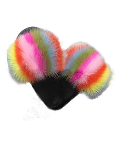 LVCOMEFF Women Multicolored Real Fox Fur Sandals Slides Black Red Color Slippers Summer Fluffy