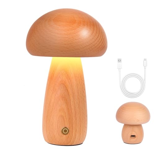 JIYUERLTD Wooden Mushroom Night Light, USB Rechargeable LED Desk Lamp, Dimmable Cute & Cozy Nursery Lamp, Decorative Beechwood Table Light (Large)