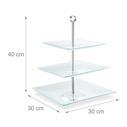 Foto von Relaxdays Etagere, 3-stöckig, eckig, Cupcakes, Kekse, Snacks, Obst, Glas, Edelstahl, Servierständer, transparent/silber, 40 x 30 x 30 cm