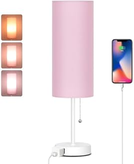 Dott Arts 18" Table Lamp for Bedroom, 3-Color Bedside Lamps with Pull Chain, Bedroom Table Lamps for Nightstand,AC Outlet Small Lamp for Living Room, Bulb Included Pink