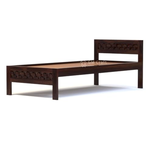 Image of Sheesham Wood Single Bed, Diamond Pattern Headboard, 80 x 38 inches, Without Storage (Walnut)