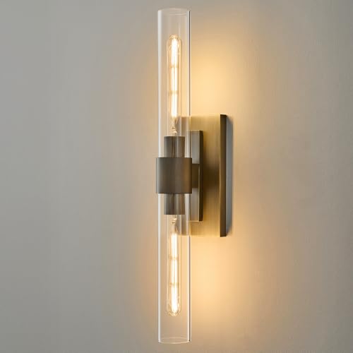 Linear Brass Bathroom Wall Sconce - Luxury Antique Brushed Gold Sconces Set of 2 - Dimmable Vanity Lights Fixture with Clear Glass Tube - Modern Lighting for Bedroom Living Room Hallway Indo