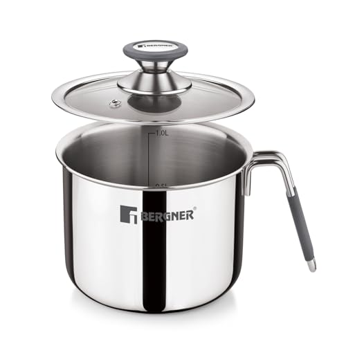 Image of Bergner Argent Triply Stainless Steel 12cm (1 L) Milk Boiler with Glass Lid, Steam Vent, Flared Rim, Stay Cool Cast Handle with Silicone Grip, Even and Faster Heating, Easy to Clean - Induction Bottom
