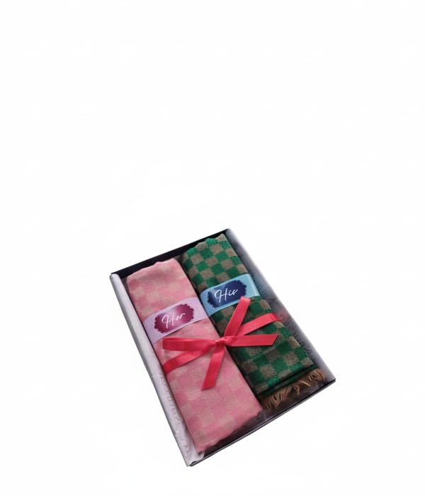 His and Her Gift Set, Gift Box Packaging, Fine Wool Check Stole, Pink and Green