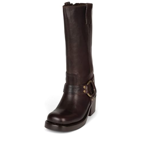 Image of Women's Knee High Riding Boots Chunky Heel Wide Calf Motorcycle Boots with Side Zipper