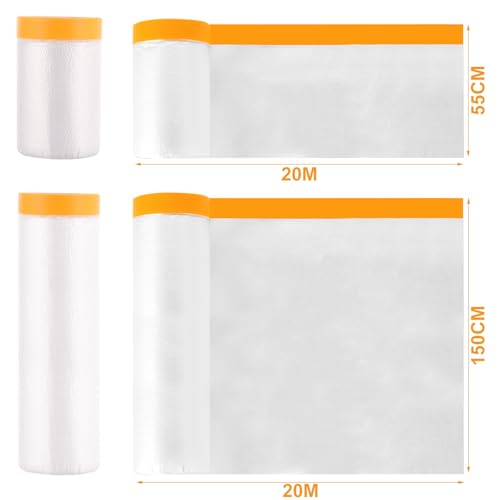 ASelected 6 Rollen Abdeckfolie mit Klebeband Transparent Abdeckfolie Maler Abdeckfolie 55 CM x 20 M + 140 CM x 20 M wasserdichte Abschirmfolie Rolle Kunststofffolie für Farbe Dekoration Farbe