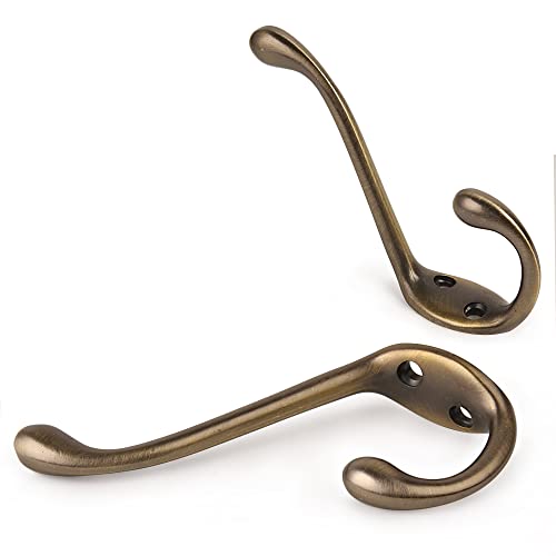 HASWARE 6 PCS Double Prong Robe Hook, Dual Coat Hooks with 12 Pieces Screws Antique Wall Mounted Hooks Robe Vintage Hooks Hangers Large Heavy Duty for Hat Clothes Hanger Towel Keys (Antique Brass) by HASWARE - Used condition - Image 2