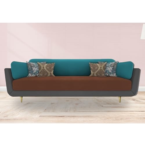 Image of Black Wood Modern Mid Century Velvet 3 Seater Sofa with Three Colour Shade with Extended Warranty for Bedroom, Living Room, Dining Room (Grey Brown Turquoise, 3 Seater)