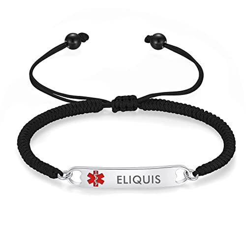 mnmoom Medical Alert Bracelets for Women Stainless steel Heart Medical ID bracelets with Free Engraving (Handmade Rope-Black/ELIQUIS)