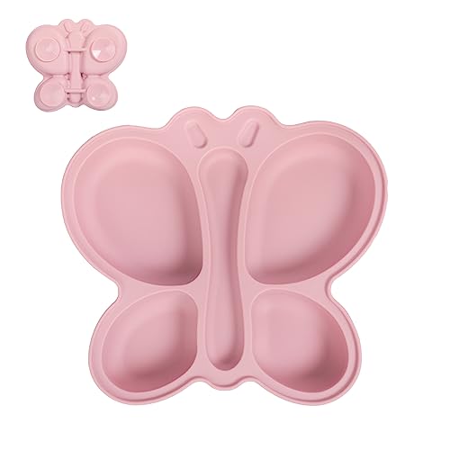Image of CUAIBB Suction Plates for Baby, Silicone Toddlers Plates with Suction Butterfly Shape, Divided Plates for Baby Led Weaning Supplies - Microwave & Dishwasher Safe - Pink