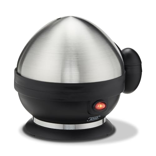 KHG Eierkocher Edelstahl | 1 Ei - 7 Eier | Messbecher mit Eipick | 380 Watt Edelstahlheizplatte, mit akustischer Fertigmeldung | 18,4 cm Breite x 17,5 cm Höhe