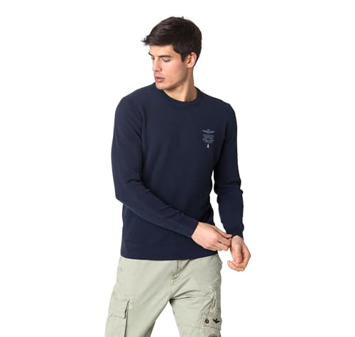Maillot ras du cou Aeronautica Militare Ma1394 pull homme coton point de riz bleu marine