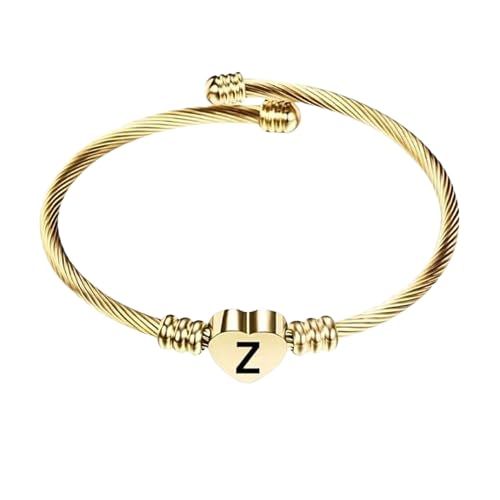 Tongari Stainless Steel Engraved Charm Heart Shape Word-Z Bracelets for Women Golden