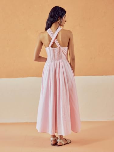 Image of FIORRA Women's Light Pink Solid Linen Maxi Dress