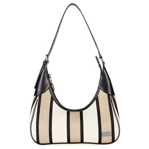 DOMAT Shoulder Bag for Women, Striped Handbag, Cute Clutch Purse with Zipper Closure, Petite Satchel Bag for Daily Using (Khaki) Cover