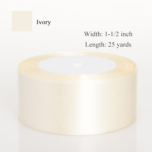 Image of ATRBB 25 Yards 1-1 /2 inch Ivory Satin Ribbon for Gift Wrapping | Wedding, Bows, Colorfast Polyester Fabric Thick Ribbon for Bouquets Party Decor Crafts Handmade Flower DIY