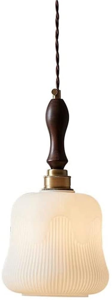 BLOOHK Milky White Glass Pendant Light, Retro Wood & Metal Single Hanging Lamp, Minimalist Chandelier for Bedroom Bedside Dining Room Kitchen