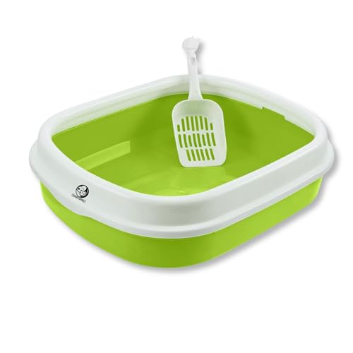 Image of Foodie Puppies Cat Litter Box Tray with Rim and Scooper - (Neon Green) (Large, 46 x 38 x 13 cm) | Semi-Closed Design and Durable Quality | Pet Litter Sand Tray Suitable for All Adult Cats & Kittens