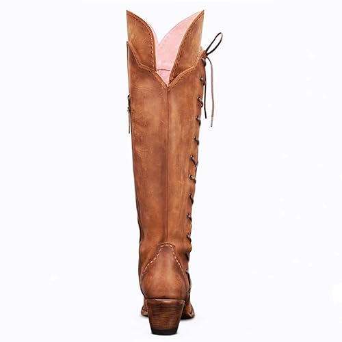 Yolkomo Women's Western Cowgirl Boots, Brown, Size 13, Knee High, Pointed Toe, 2 Inch Chunky Heel, Lace Up, Distressed, Embroidered - Thumbnail 5