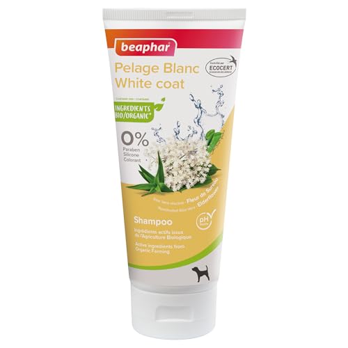Beaphar - BEAPHAR – Shampoing pour Pelage Blanc labellisé ECOCERT pour Chien – Contient de l'Aloe Vera et des extraits de Fleurs de Sureau Bio – pH Neutre – sans paraben, Silicone, Colorant, Alcool – 200 ML