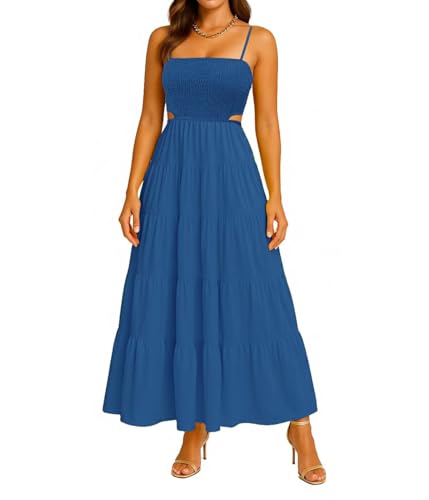 Womens Spaghetti Strap Sundress Casual Summer Long Maxi Dress Smocked A Line Swing Cocktail Party Vacation Dresses