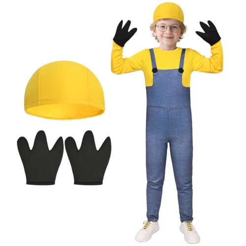 BSBUY Disfraces Amarillo Niños, Disfraz Halloween para Niños con 1 Gorro y 1 Guantes Negros, Mono de Amarillo, accesorios de Cosplay de Película Clásica
