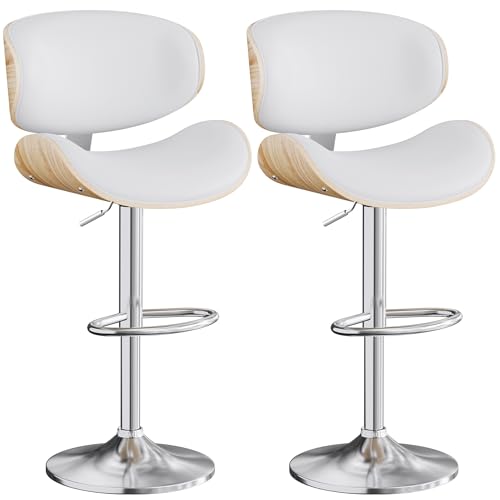 Aowos Bar Stools Set of 2, Adjustable Swivel Leather Bar Stools for Kitchen Island, Mid Century Modern Counter Height Bar Chairs Barstools with Back & Footrest (Cream White)
