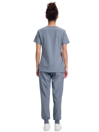 floralhue Scrubs for Women, V-Neck Scrubs Top & Cargo Pants with 10 Pockets, Rock Grey, L - Thumbnail 2