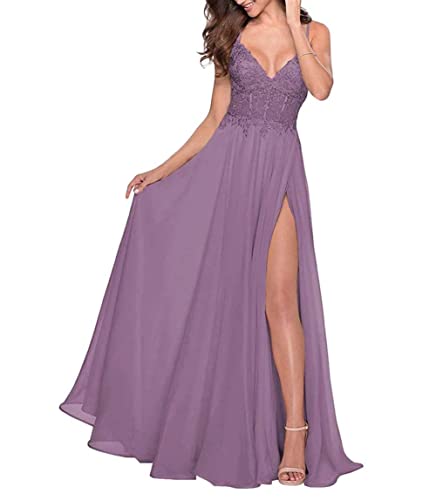 tutu.vivi Women's Slit Prom Dresses Long V-Neck Lace Appliques Spaghetti Straps Chiffon Formal Evening Party Gowns Purplish Grey us10