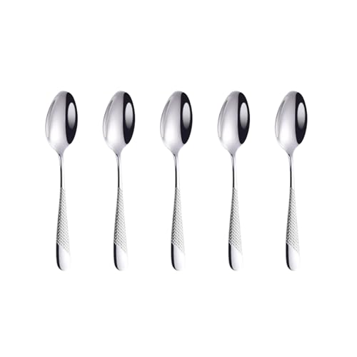 Image of Sterling Silver French Style Silverware | 5-Piece Hammered Dessert Spoon Set | Premium 18 /10 Stainless Steel Flatware | Elegant Cutlery for Home, Restaurants & Gifting