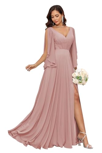 Image of HUUTOE Plus Size Dusty Rose Bridesmaid Dresses for Women 2026 Long Ruffle Sleeve Pleated Chiffon Mother of The Bride Dress with Slit XXL US16W