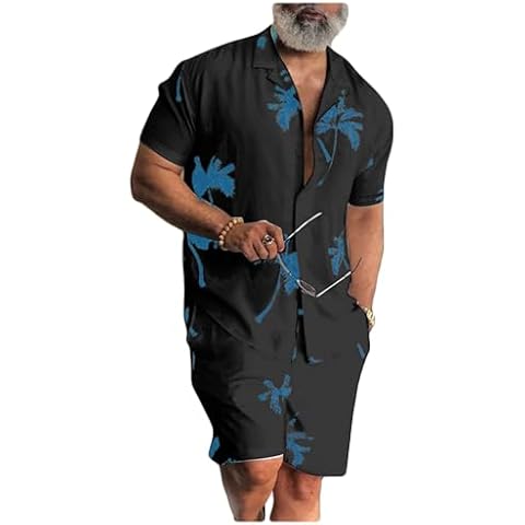 Letuwj Printed Beach Suit Set Men's Shorts Shirt Casual Floral Black 2 3XL Cover