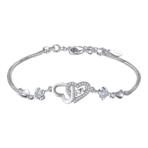 Bracelet zircon femme avec double cœur d'amour argenté