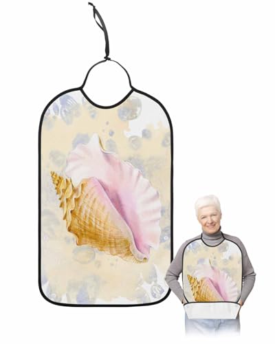 LEOKOTI Coastal Conch Adult Bibs for Eating, Waterproof Bibs with Food Catcher & Adjustable Snap Closure, Watercolor Ocean Nautical Summer Beach Washable Clothing Protectors Adult Bibs for Elderly