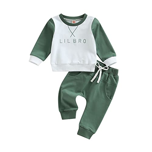 Image of MAYUMMPY Infant Baby Boy Girl Clothes Long Sleeve Crewneck Sweatshirts Pullover Top Pants Set Fall Winter Outfit (Green LiL Bro,3-6 Months)