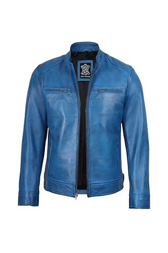Image of fjackets Mens Leather Jacket - Real Lambskin Cafe Racer Jacket Stand Collar Moto Biker Zip Jacket For Men