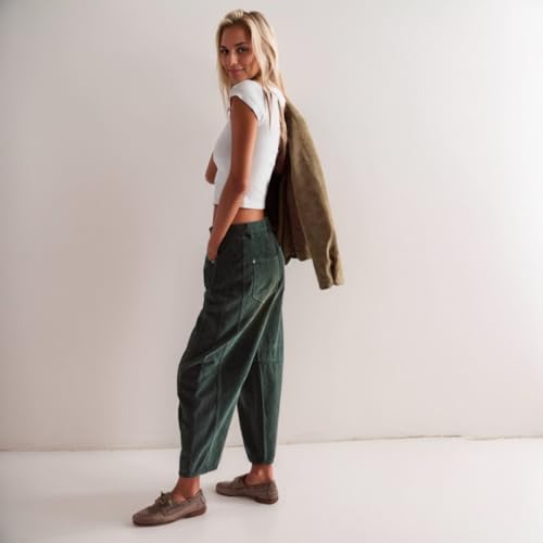 Corduroy Pants for Women Barrel Pants Elastic Waist Mid Rise Cropped Pants Casual Baggy Pants with Pockets3