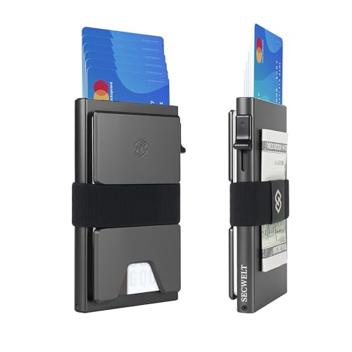 RFID Blocking Wallet for Men, ID/Bank/Credit Card Holder with Slide Button,Slim Metal Card Case with Elastic Band for Paper Money,Smart Wallet Hold Up to 12 Cards,Easy to Carry (Grey)
