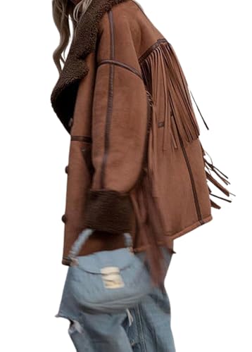 utcoco Women's Tassels Sherpa Lined Faux Suede Leather Jacket 2024 Fashion Fringe Trim Faux Fur Coats Outwear