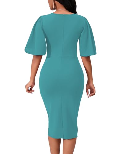 Image of Bdwinz Women's Basic Bodycon Ruffle Flared Short Sleeve Pencil Midi Dress