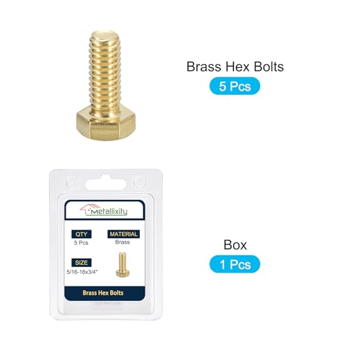 Image of METALLIXITY Hex Head Screw Bolt (5 /16-18x3 /4 inch) 5Pcs, Brass Fully Threaded Solid Brass Hex Bolts Machine Screws - for Machinery Repair