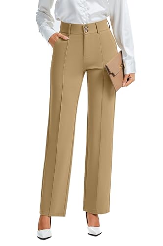 FUNYYZO Dress Pants Women's Stretchy Straight Leg Button Slacks Trousers